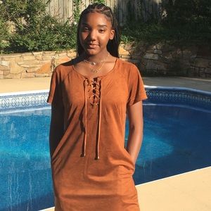 Orange-Brown Suede Lace Up Dress